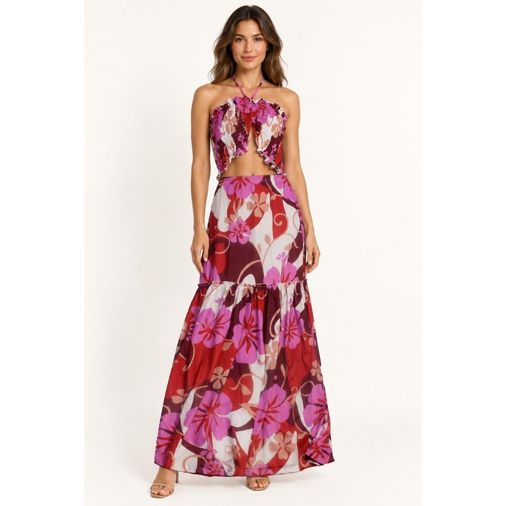 India Boutique Women TropicalFloral 2 Piece Maxi Set Smocked Halter Top Skirt OS